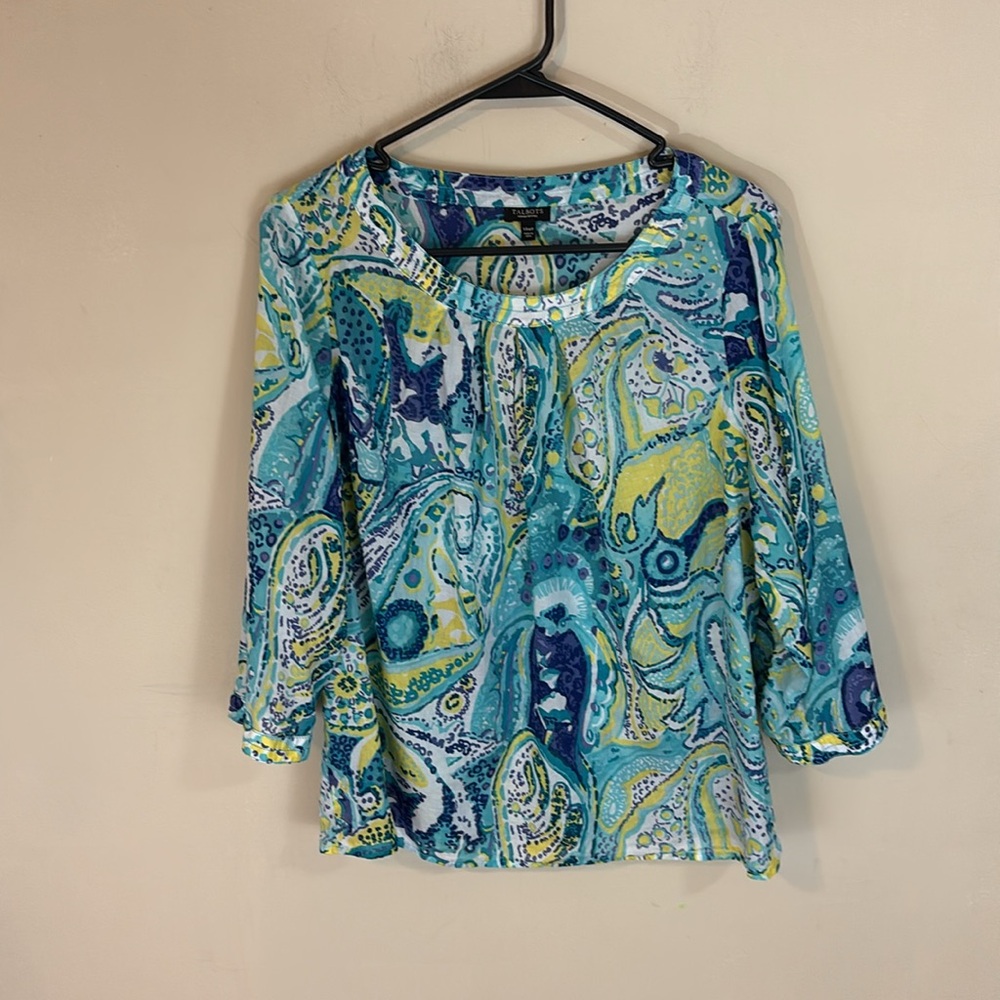 Talbots Cotton Top with Scoop Neck Paisley Print 3/4 Sleeves Size 14WP
